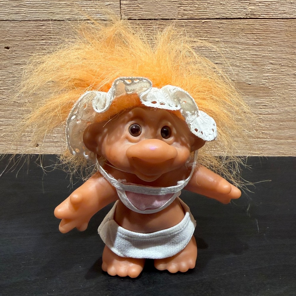 Norfin Dam Troll Doll Orange Hair Baby Diaper Bib Lace Bonnet Tag Vintage 1986